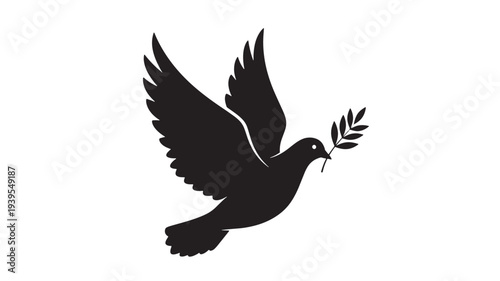 Dove flying with an olive branch in its beak, symbolizing peace, hope, and a new beginning in a minimalist black silhouette.