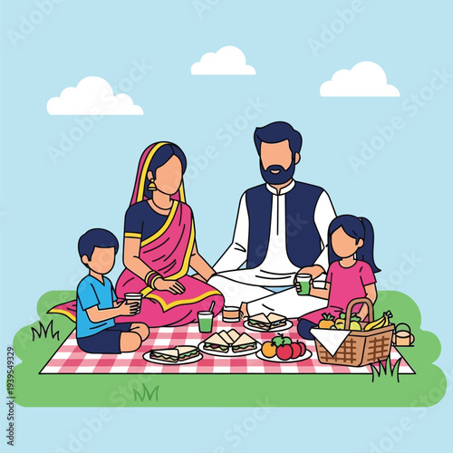 Indian family having picnic in park with traditional snacks and drinks