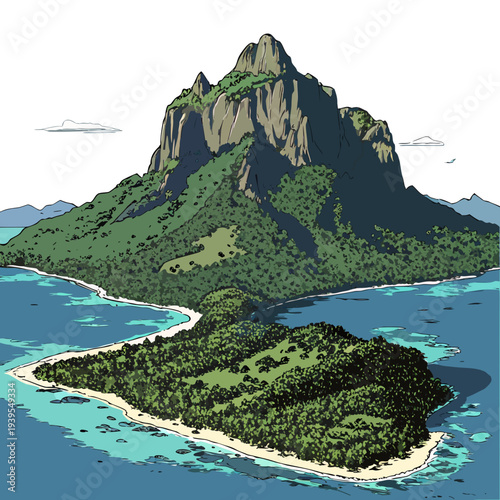Illustration of a tropical island with a large mountain and lush greenery surrounded by blue ocean waters