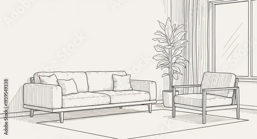 Elegant Living Room Sofa with Cushions and Coffee Table.