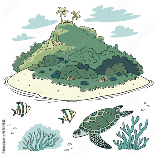 A colorful illustration of a tropical island with a sea turtle and fish swimming in the ocean waters below