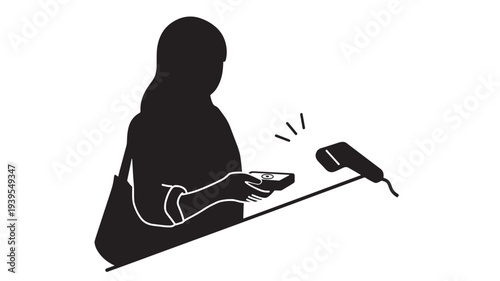 Woman with handbag holding scanner device and pointing it at a barcode on a surface, minimalist black and white silhouette.