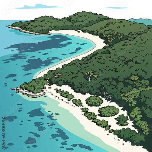 A serene beach scene with lush greenery and turquoise water on a sunny day with white sand shoreline and tropical trees