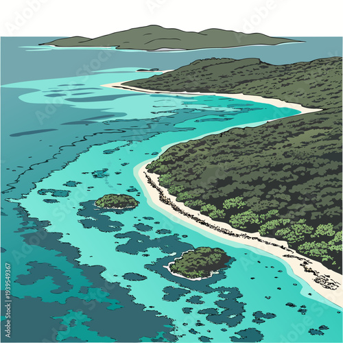 Aerial view of a serene tropical island with turquoise waters and lush greenery