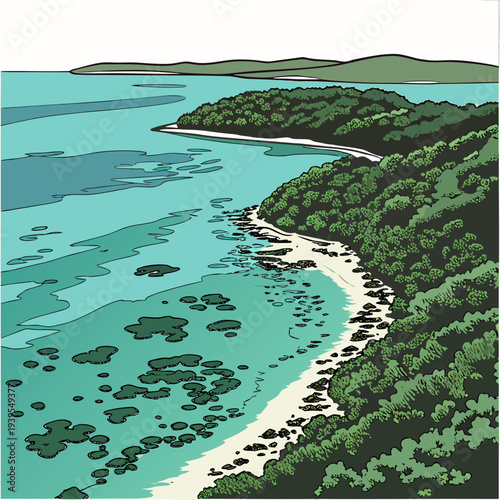 A serene coastal landscape with a sandy beach and lush greenery on a tropical island surrounded by turquoise waters and coral reefs