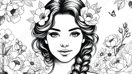 Elegant black and white illustration of woman with braided hair surrounded by blooming flowers, foliage, and butterfly, intricate line art portrait for coloring book design