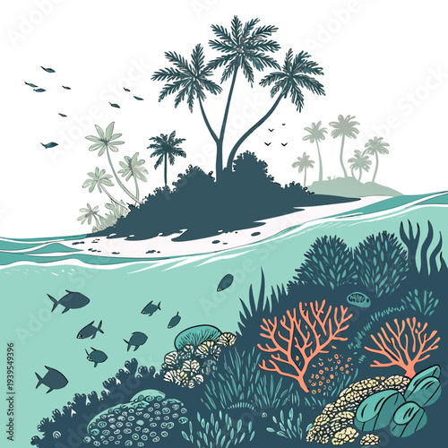 Illustration of a tropical island with coral reef and marine life under the sea