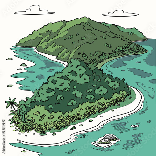 A serene tropical island with lush greenery and a white sandy beach surrounded by turquoise waters and a distant mountain range on a sunny day