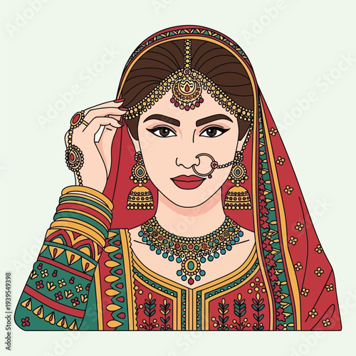 Beautiful pakistani indian bride in traditional dress, wedding woman face, bridal portrait
