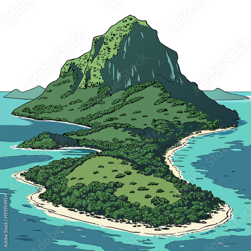 Illustration of a serene tropical island with lush greenery and turquoise waters