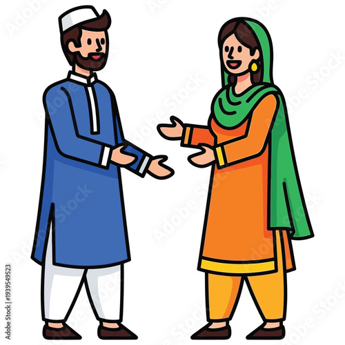 Man and woman in traditional Indian clothing talking