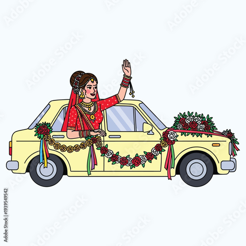 Bride waving from a decorated car on wedding day