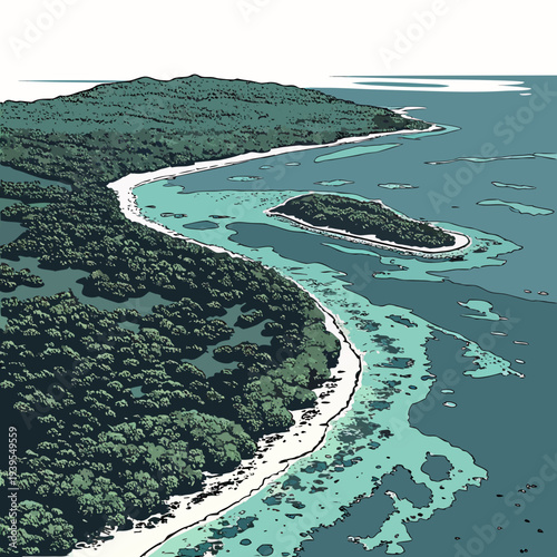 Aerial view of a tropical island with lush greenery and turquoise waters surrounded by coral reefs and white sandy beaches