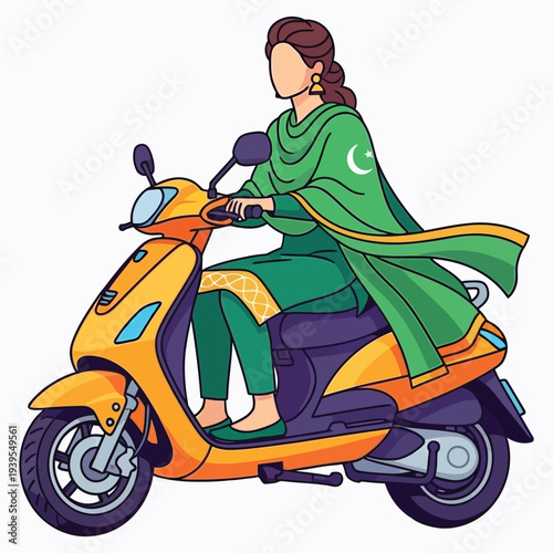 Pakistani woman riding modern orange motor scooter wearing green traditional shalwar kameez and dupatta with crescent moon