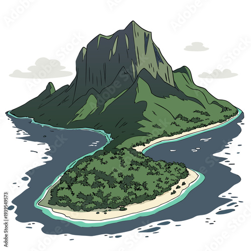 Illustration of a serene tropical island with lush greenery and majestic mountains rising from the ocean waters