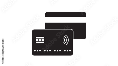 Credit cards with contactless payment symbol and chip, black flat icon set for online shopping and financial transactions.