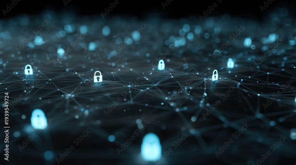Obraz premium Cyber Security: Digital security is symbolized through a network of illuminated padlocks linked together by glowing nodes and lines, all set against a dark background.