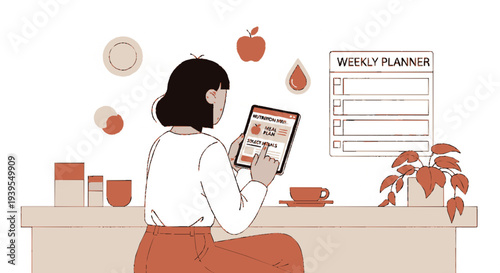 Woman uses digital planner at desk with coffee and healthy snacks