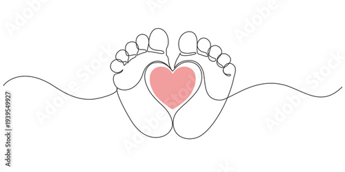 Continuous one line drawing of  baby feet with heart inside for happy mothers day, concept for greeting card design, motherhood social media post and parental care promotion