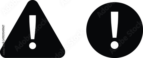 Vector silhouette of warning and alert icons, exclamation mark in triangle and circle symbols, notification and attention sign for web design