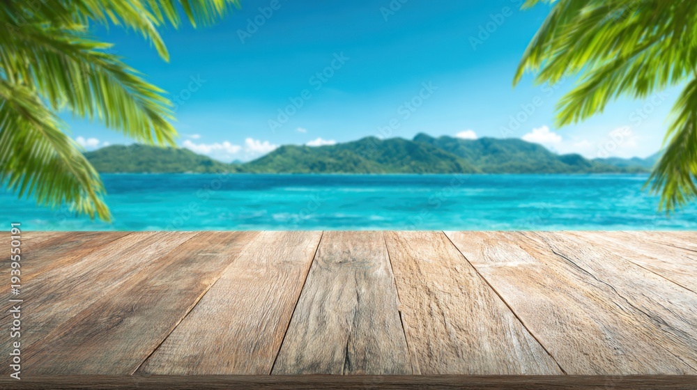 Fototapeta premium Wooden deck overlooking ocean with palm leaves and mountain backdrop