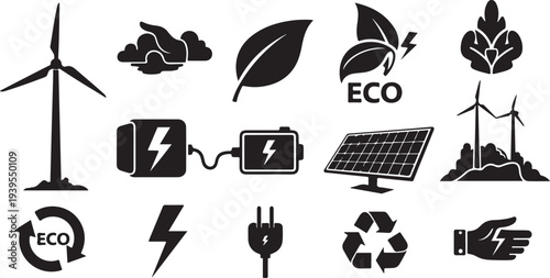 Eco Friendly Energy and Recycling Symbols Illustration Set