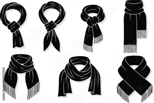 Collection of clothes hanger vector silhouettes, laundry icons, winter scarves, elegant dresses, coat racks, and wardrobe organization for fashion retail boutique