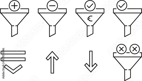 Vector collection of funnel icons for data filtering, sales pipeline symbols, sorting interface elements, and business analytics optimization line art