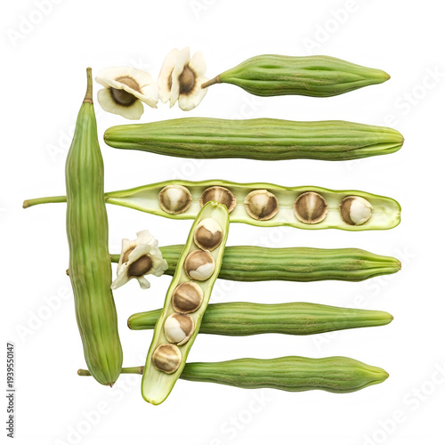 Okra Pods and Seeds with Flowers on Transparent White Background