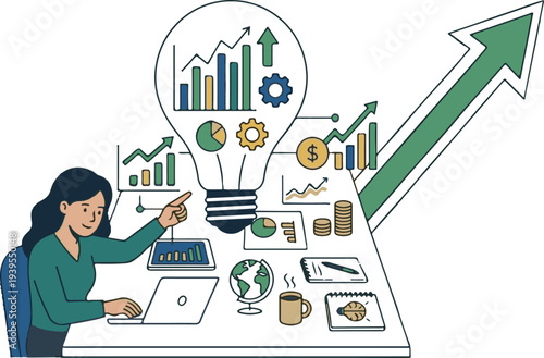 Businesswoman working on innovative idea with lightbulb and financial growth charts