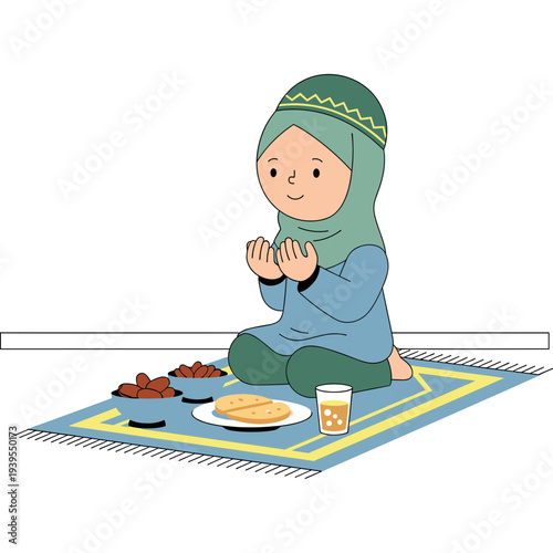 Gratitude and Tradition: A serene depiction of a girl in prayer, surrounded by traditional fare, evoking a sense of spiritual reflection and cultural heritage.