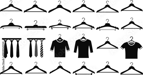Collection of clothes hanger vector silhouettes, laundry icon set with shirts and ties, wardrobe organization and fashion retail boutique concept