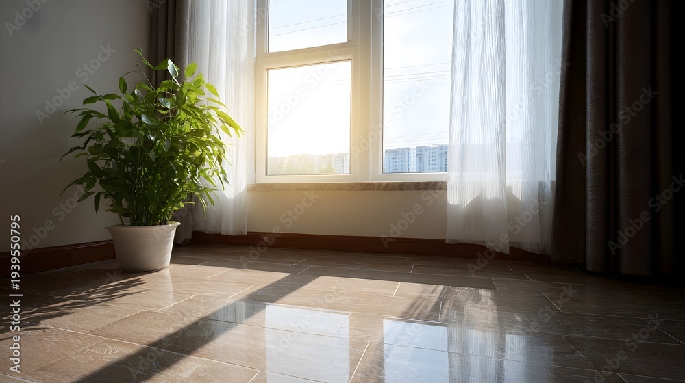 Fototapeta premium Bright sunlight streams through a window illuminating a potted green plant and casting reflections on a polished tile floor
