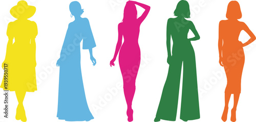 Set of colorful women silhouettes in various fashion poses, elegant female models wearing summer dresses and trendy outfits, vector illustration.