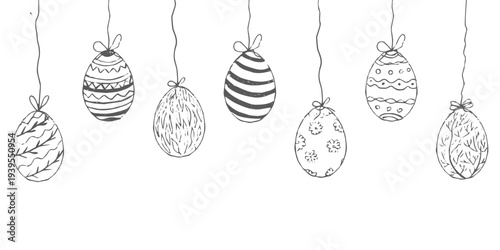 Easter eggs hanging with bow, textured hand drawn sketch. Easter eggs doodle hand drawn hanging decoration. Festive Happy Easter Spring holiday design