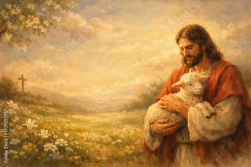 Illustration of Jesus Christ holding a lamb in a peaceful spring meadow with flowers and a distant cross. Symbolic Christian scene representing compassion, faith, salvation, and the Good Shepherd.