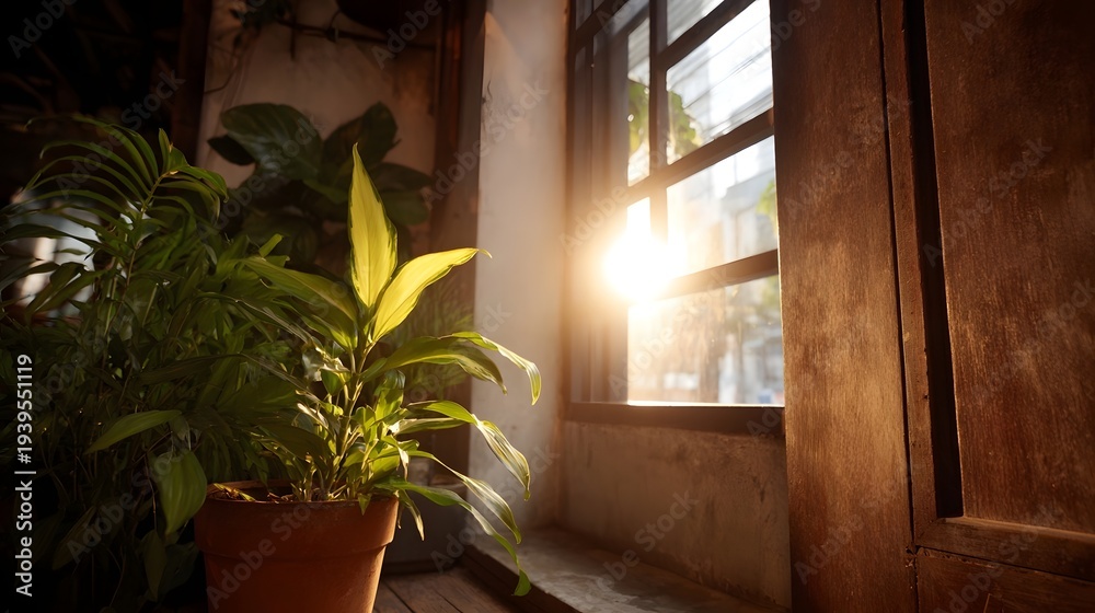 Fototapeta premium Golden sunlight streams through a window illuminating a lush potted plant indoors with a warm and tranquil glow