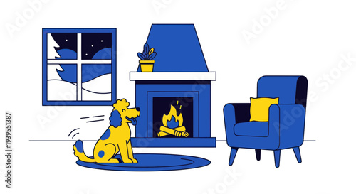 Cozy Living Room Scene: Dog by Fireplace, Window View, Armchair