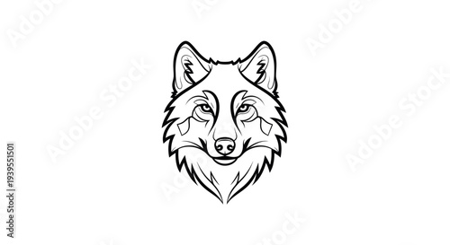 Graphic illustration of a wolf head line art, minimalist, tribal design
