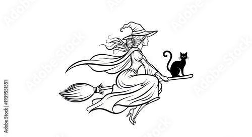Halloween Witch Flying Broomstick with Black Cat