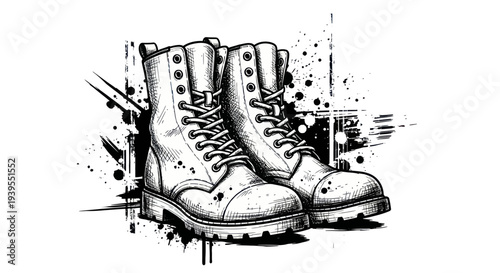 Grunge Boots Sketch: Black Ink Splatter and Abstract Lines Art
