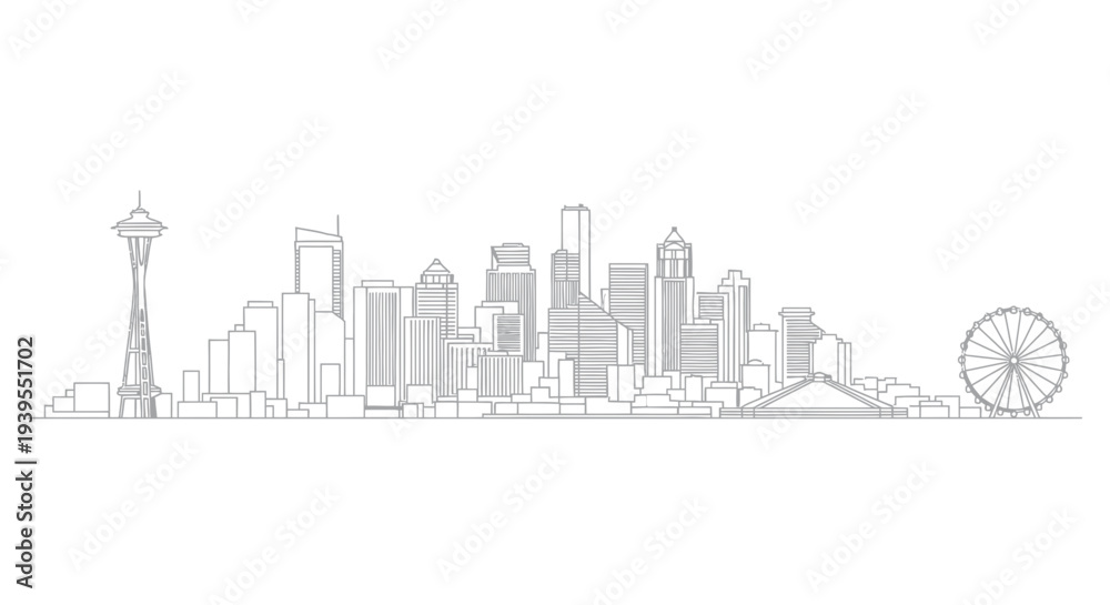 Obraz premium Seattle Skyline Outline Drawing - Famous Landmarks and Modern Architecture