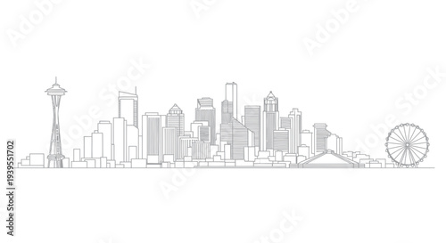 Seattle Skyline Outline Drawing - Famous Landmarks and Modern Architecture