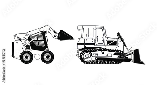 Skid Steer Loader and Bulldozer Line Art Illustration Isolated on White Background