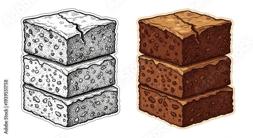 Stack of Chocolate Brownies, Hand Drawn Illustration in Color and Sketch