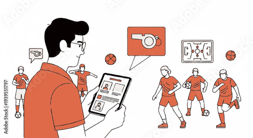 Soccer player analyzes team strategy on tablet with play tactics and player stats