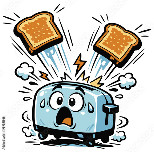 A toaster character overwhelmed by its own toast explosion. The exaggerated motion and expression create chaotic cartoon humor.