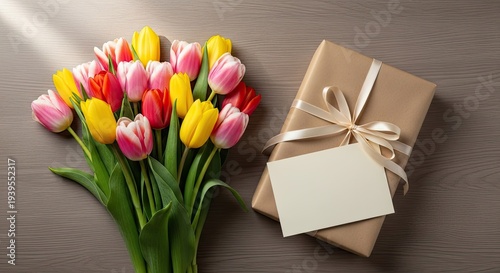 Bouquet of colorful tulips with wrapped gift box