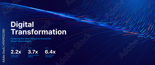 Modern Big Data Visualization Template with AI Particle Effects and Continuous Digital Flow Lines. Perfect for Scientific Reports, Artificial Intelligence Presentations, or Corporate Data-Driven Desig