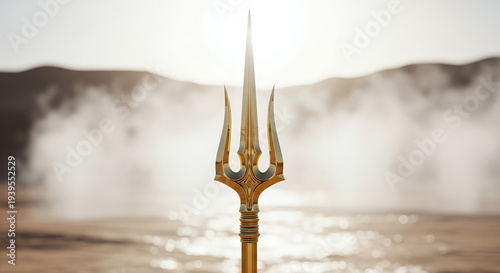 Agni Nakshatram, A majestic golden Vel (divine spear) standing vertically amidst shimmering heat haze, desert landscape background with bokeh effect